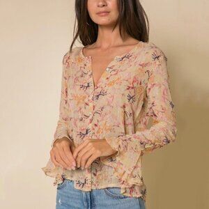 RAGA Norah Blouse XS Sheer Floral Metallic Gold Lurex Chiffon Lightweight Boho